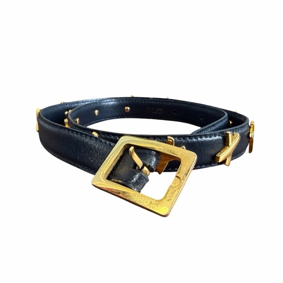 Vtg 80s Paloma Picasso Belt Gold Brass Signature X Buckle Dark Navy Leather main image 4